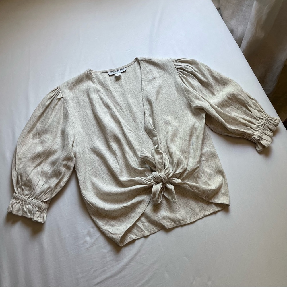 MAURIE + EVE oatmeal cream linen puff short sleeve tie front cropped blouse